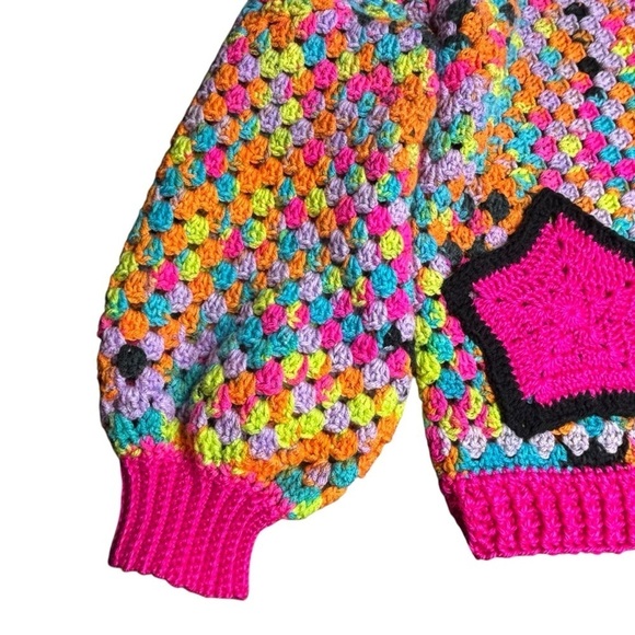 Handcrafted Crochet Hexagon Cardigan Sweater Open Front Wide Sleeve 2 Pockets - Picture 9 of 16